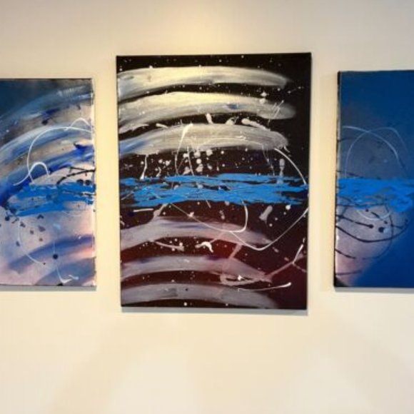 Homemade Thin Blue Line Abstract Triptych One of a Kind on Large Canvas - Picture 6 of 7